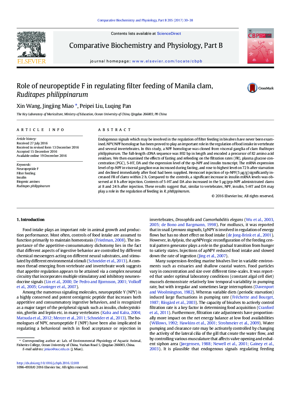 Role of neuropeptide F in regulating filter feeding of Manila clam, Ruditapes philippinarum