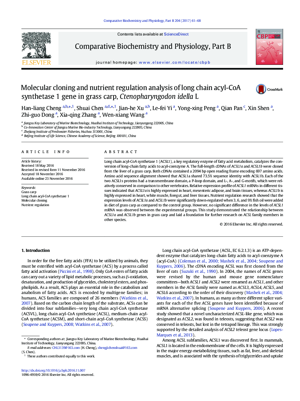 Molecular cloning and nutrient regulation analysis of long chain acyl-CoA synthetase 1 gene in grass carp, Ctenopharyngodon idella L