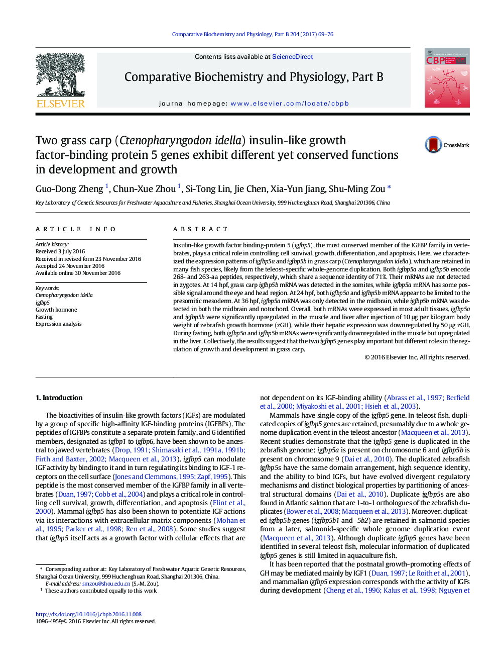 Two grass carp (Ctenopharyngodon idella) insulin-like growth factor-binding protein 5 genes exhibit different yet conserved functions in development and growth