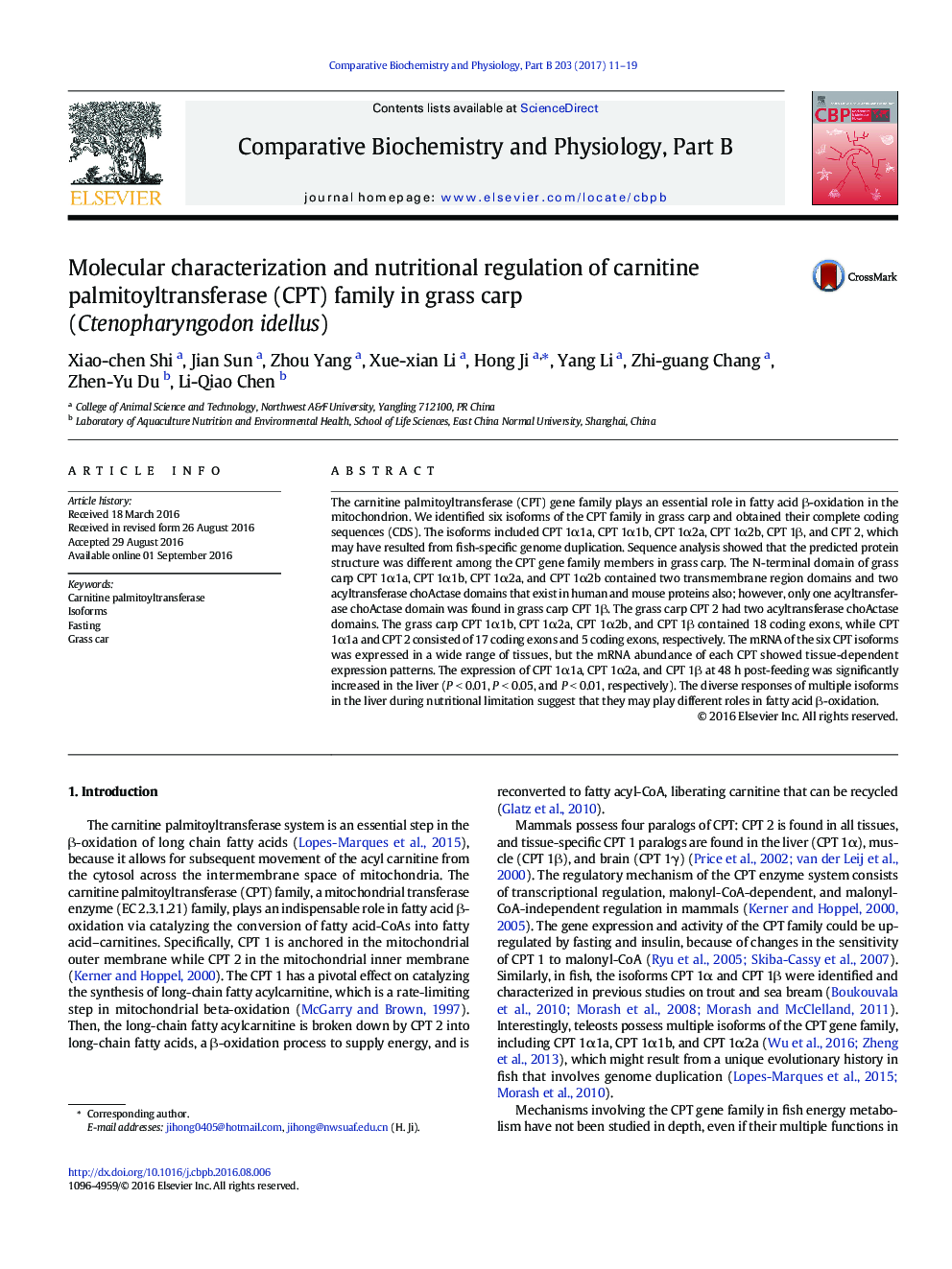 Molecular characterization and nutritional regulation of carnitine palmitoyltransferase (CPT) family in grass carp (Ctenopharyngodon idellus)