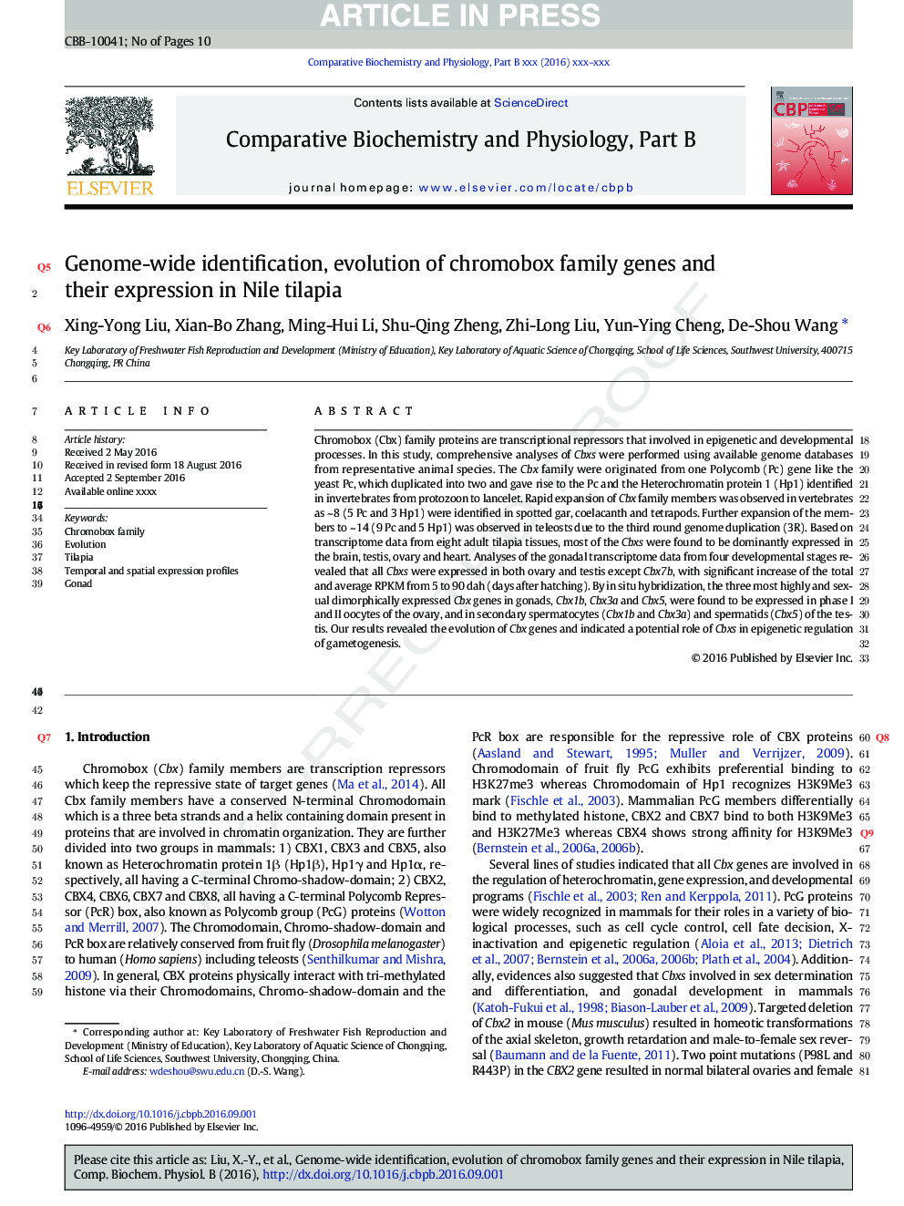 Genome-wide identification, evolution of chromobox family genes and their expression in Nile tilapia