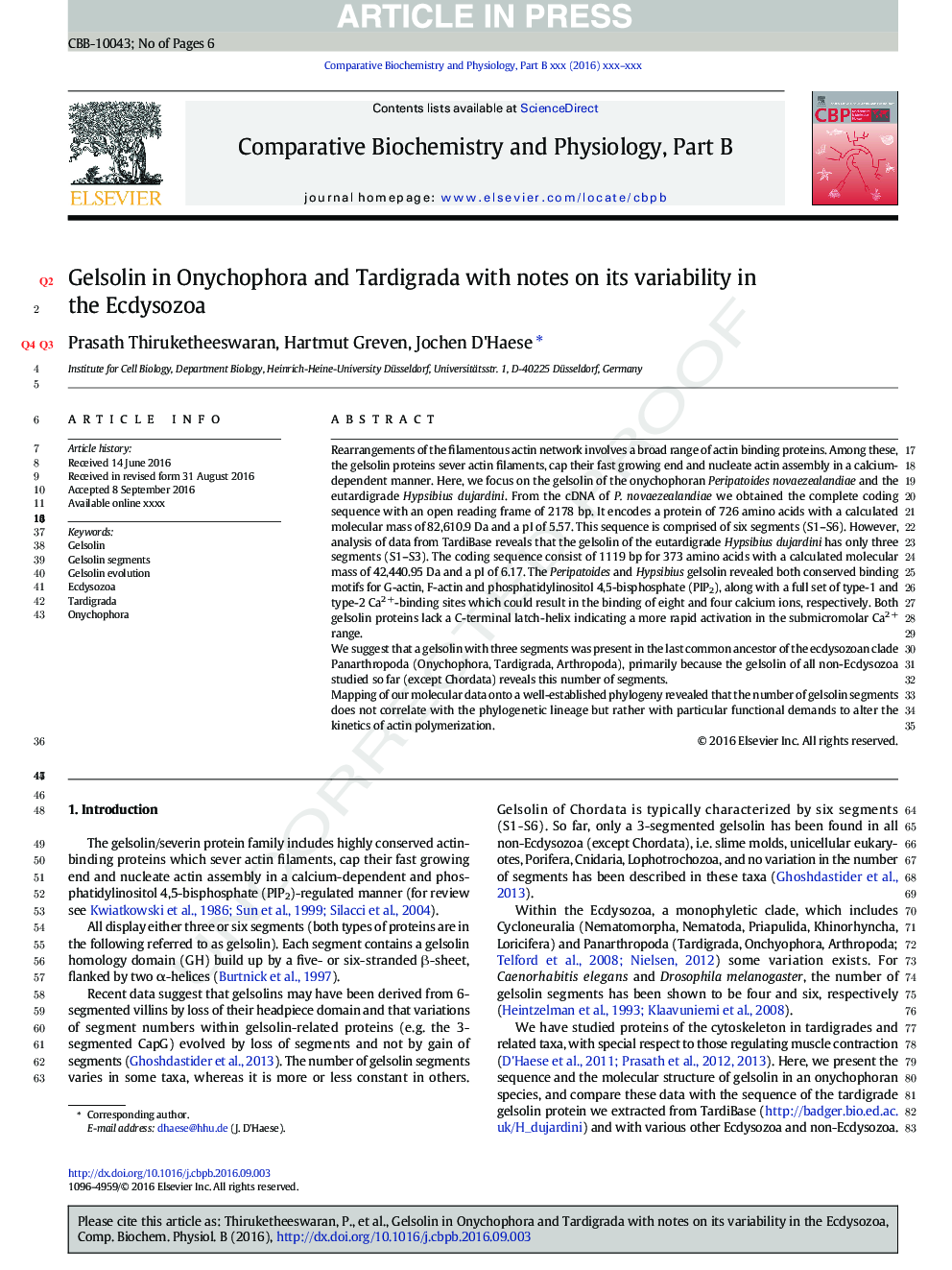 Gelsolin in Onychophora and Tardigrada with notes on its variability in the Ecdysozoa