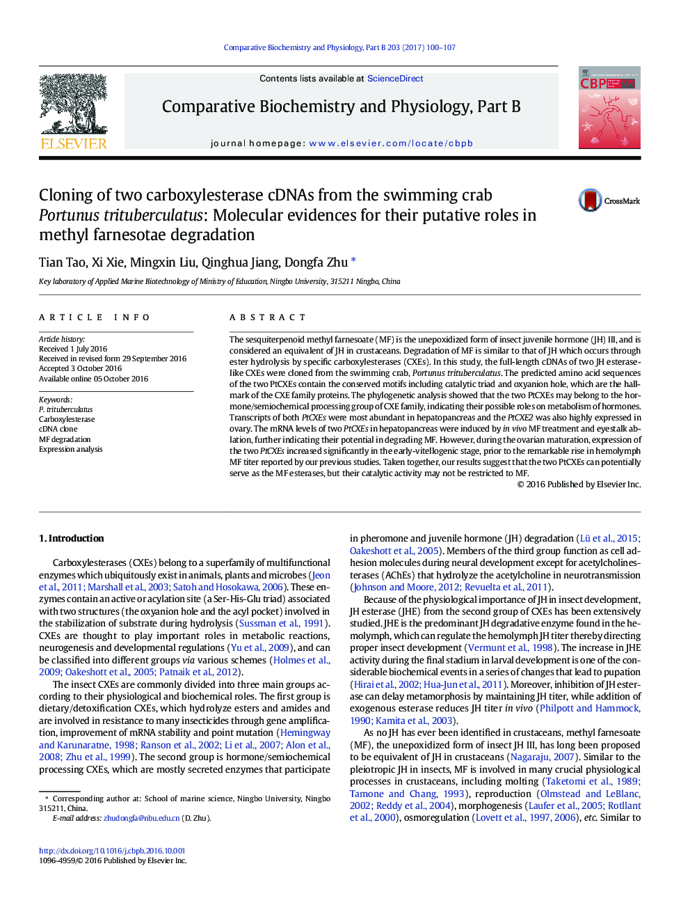 Cloning of two carboxylesterase cDNAs from the swimming crab Portunus trituberculatus: Molecular evidences for their putative roles in methyl farnesotae degradation