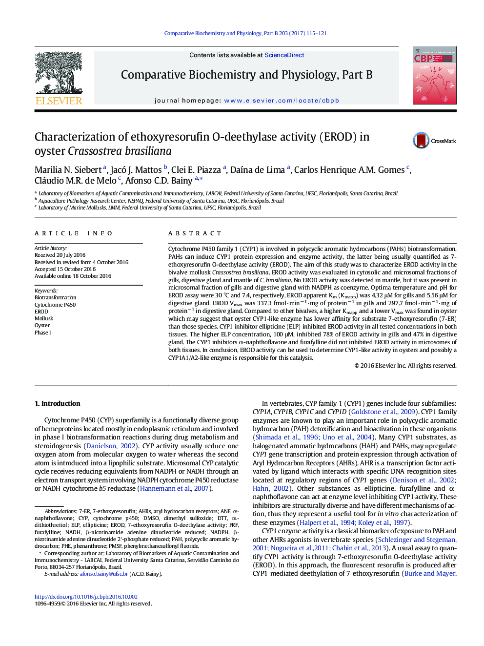 Characterization of ethoxyresorufin O-deethylase activity (EROD) in oyster Crassostrea brasiliana