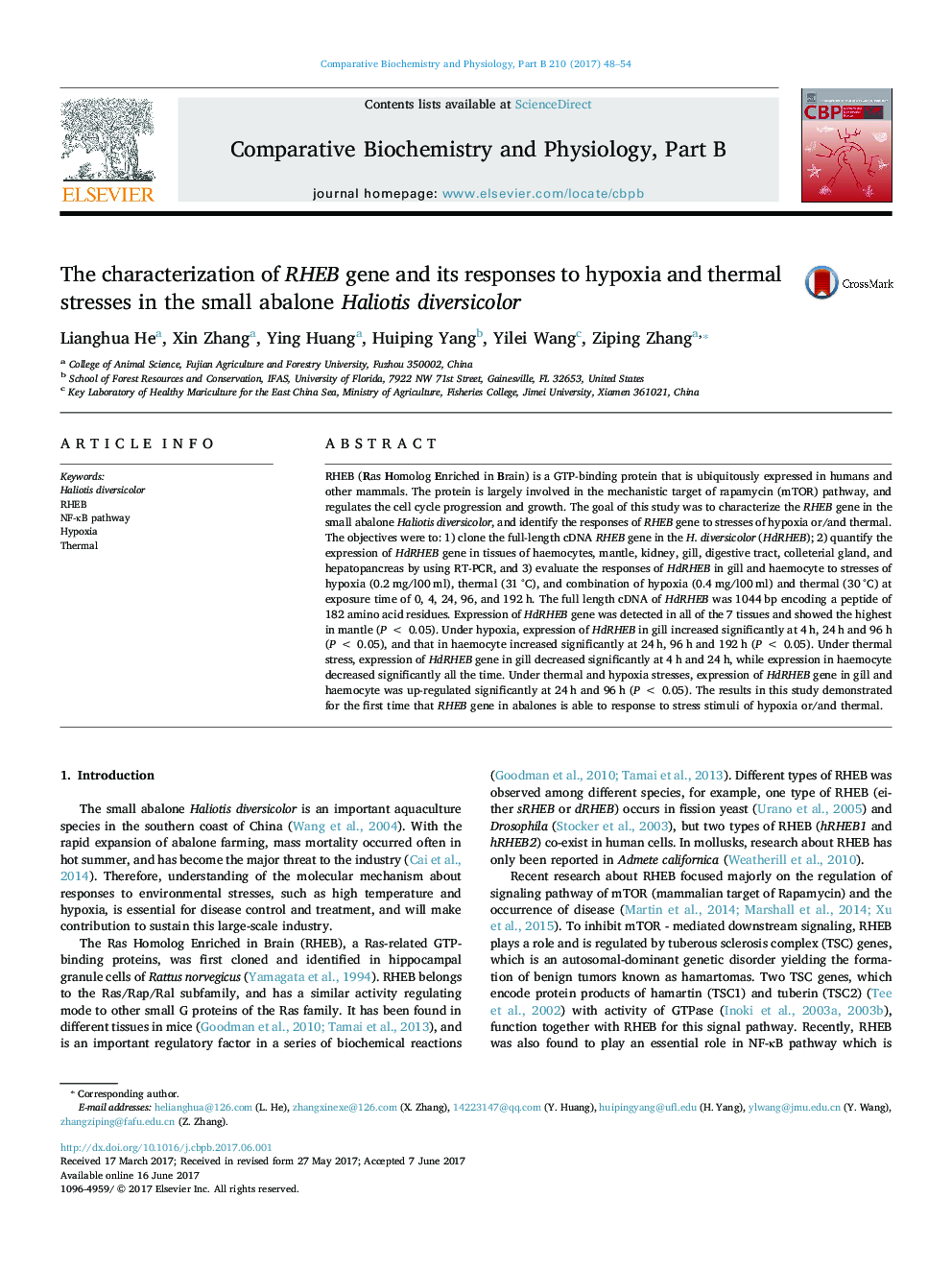 The characterization of RHEB gene and its responses to hypoxia and thermal stresses in the small abalone Haliotis diversicolor