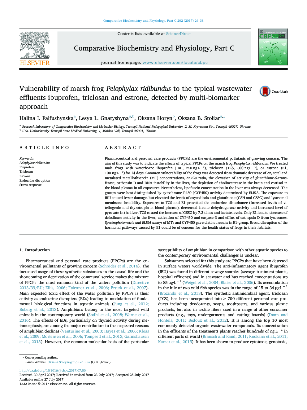 Vulnerability of marsh frog Pelophylax ridibundus to the typical wastewater effluents ibuprofen, triclosan and estrone, detected by multi-biomarker approach