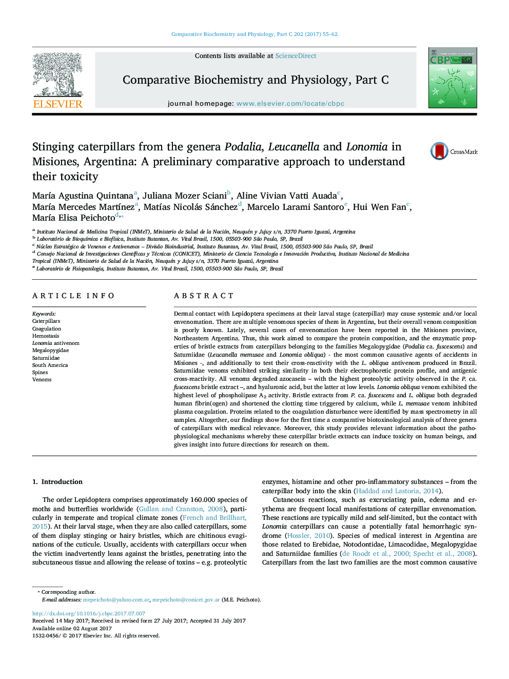 Stinging caterpillars from the genera Podalia, Leucanella and Lonomia in Misiones, Argentina: A preliminary comparative approach to understand their toxicity