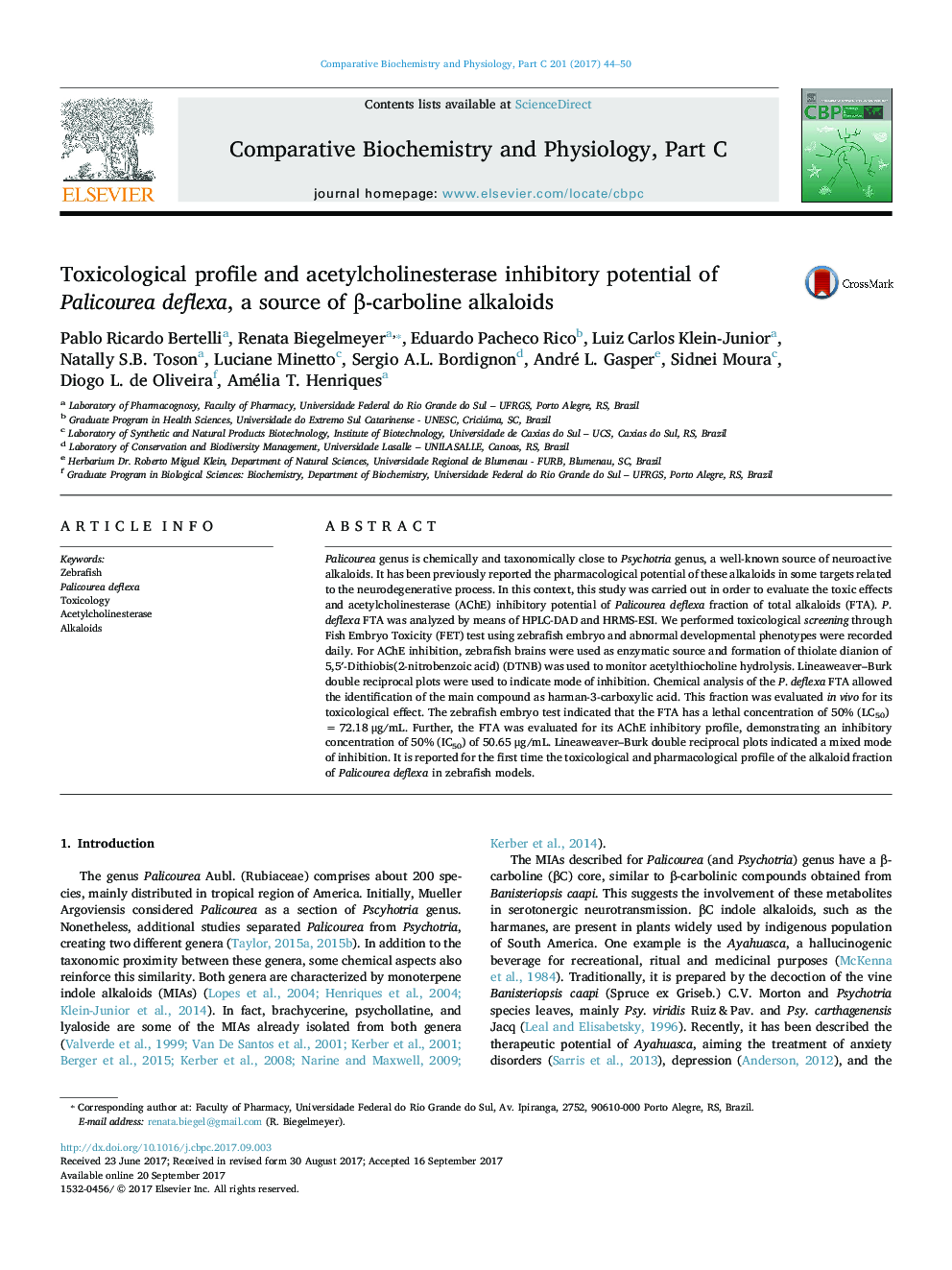 Toxicological profile and acetylcholinesterase inhibitory potential of Palicourea deflexa, a source of Î²-carboline alkaloids