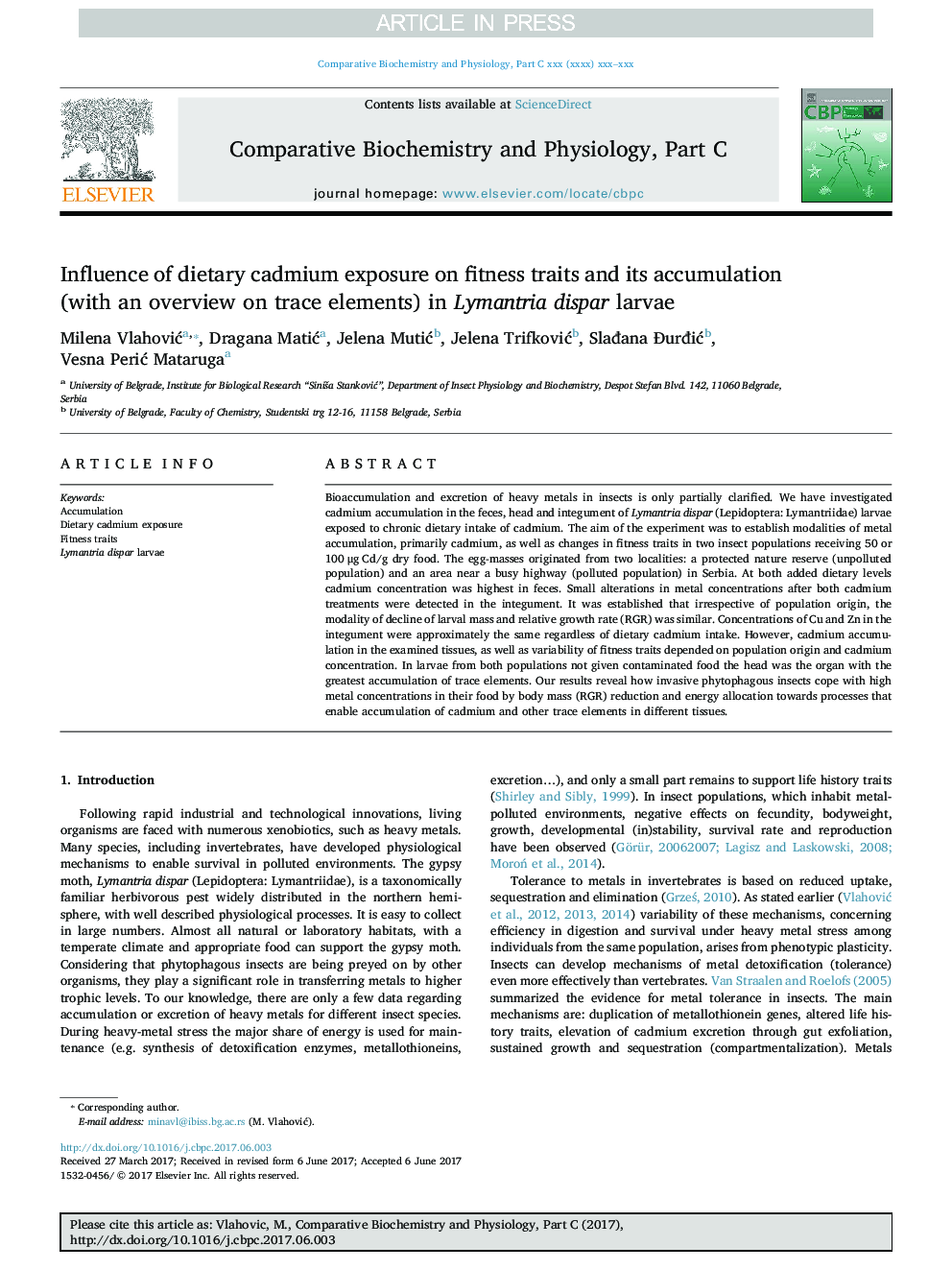 Influence of dietary cadmium exposure on fitness traits and its accumulation (with an overview on trace elements) in Lymantria dispar larvae