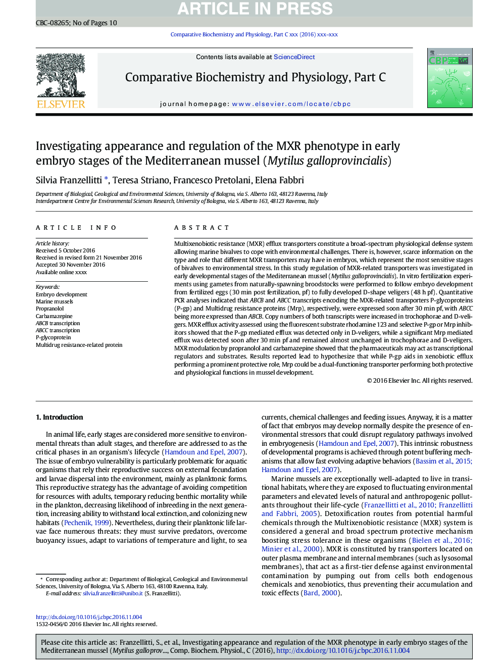 Investigating appearance and regulation of the MXR phenotype in early embryo stages of the Mediterranean mussel (Mytilus galloprovincialis)