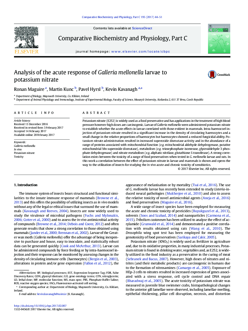 Analysis of the acute response of Galleria mellonella larvae to potassium nitrate