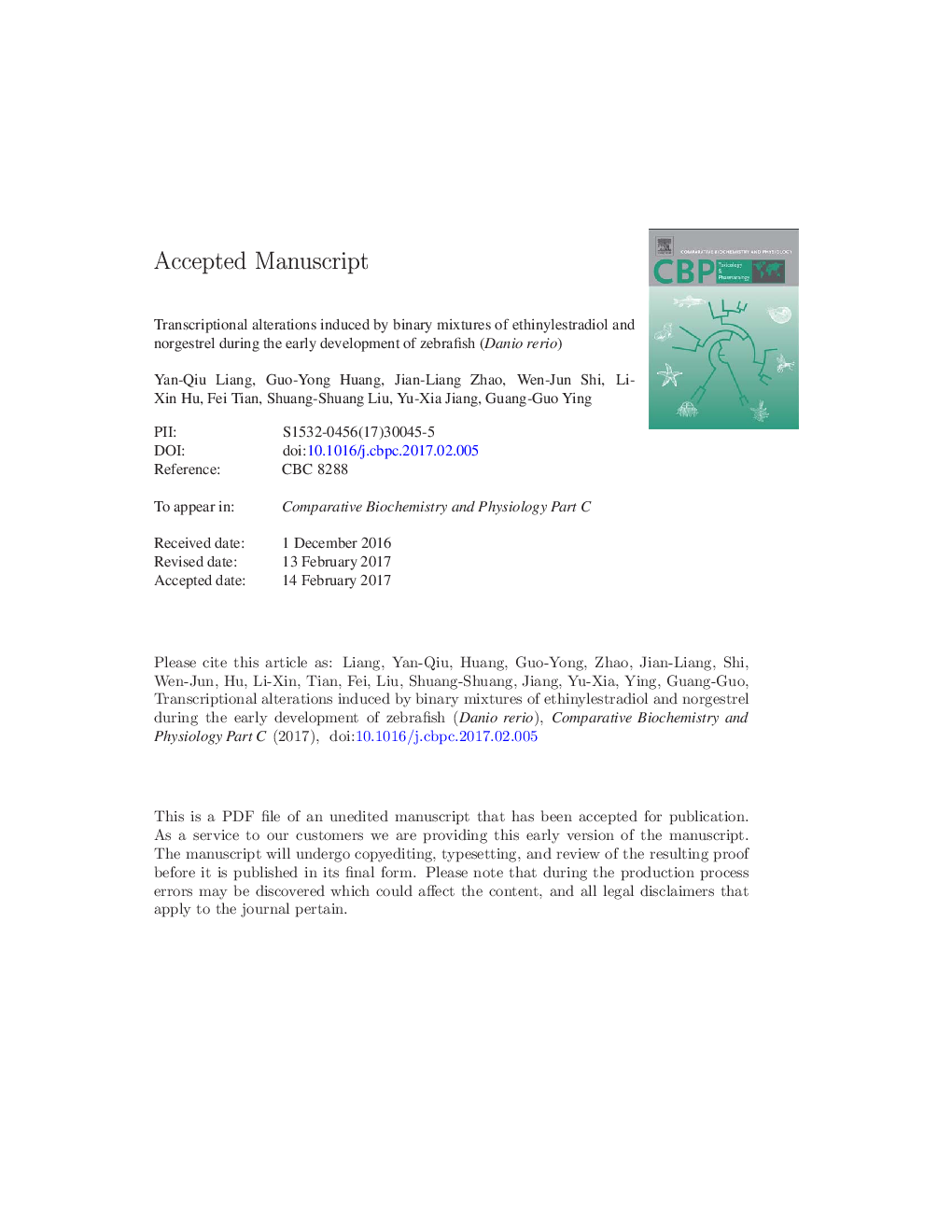 Transcriptional alterations induced by binary mixtures of ethinylestradiol and norgestrel during the early development of zebrafish (Danio rerio)