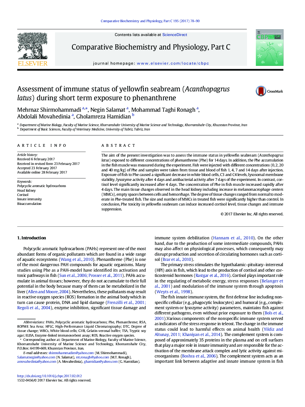 Assessment of immune status of yellowfin seabream (Acanthopagrus latus) during short term exposure to phenanthrene