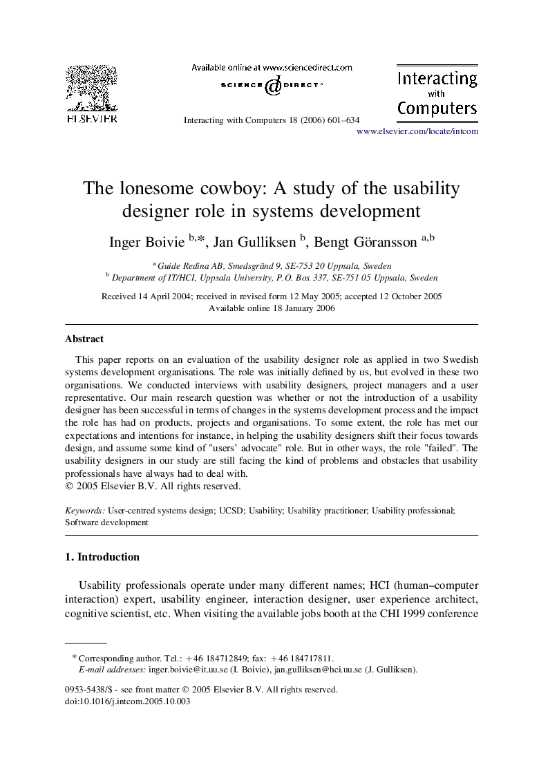 عکس صفحه اول مقاله: The lonesome cowboy: A study of the usability designer role in systems development The lonesome cowboy: A study of the usability designer role in systems development