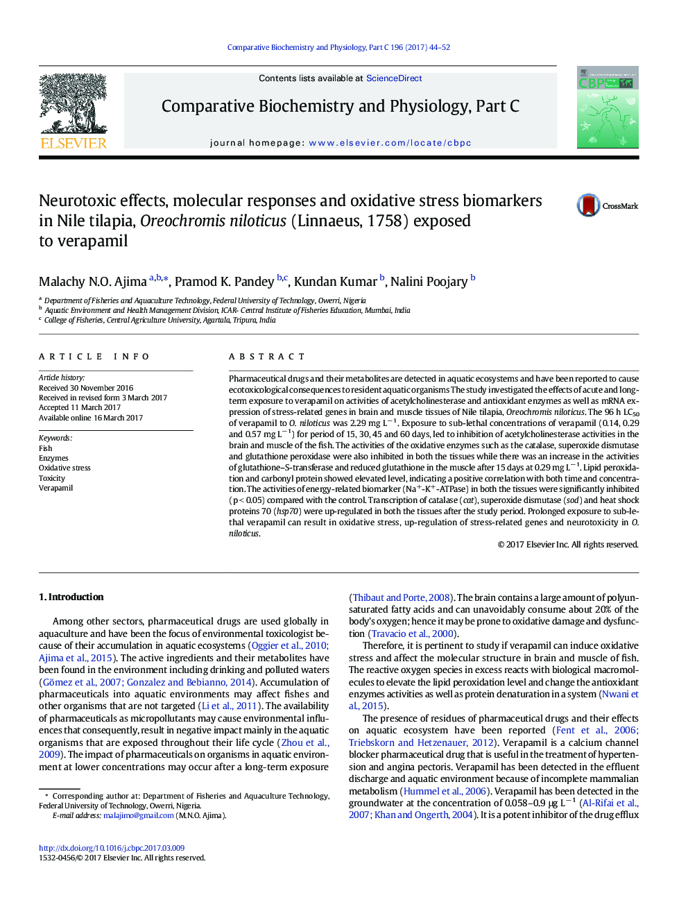 عکس صفحه اول مقاله: Neurotoxic effects, molecular responses and oxidative stress biomarkers in Nile tilapia, Oreochromis niloticus (Linnaeus, 1758) exposed to verapamil Neurotoxic effects, molecular responses and oxidative stress biomarkers in Nile tilapia, Oreochromis niloticus (Linnaeus, 1758) exposed to verapamil