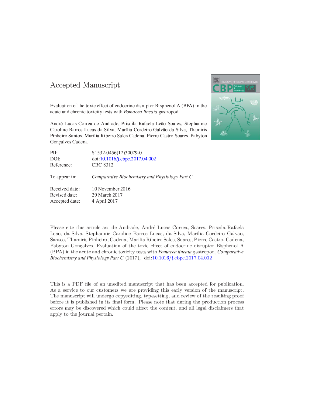 Evaluation of the toxic effect of endocrine disruptor Bisphenol A (BPA) in the acute and chronic toxicity tests with Pomacea lineata gastropod