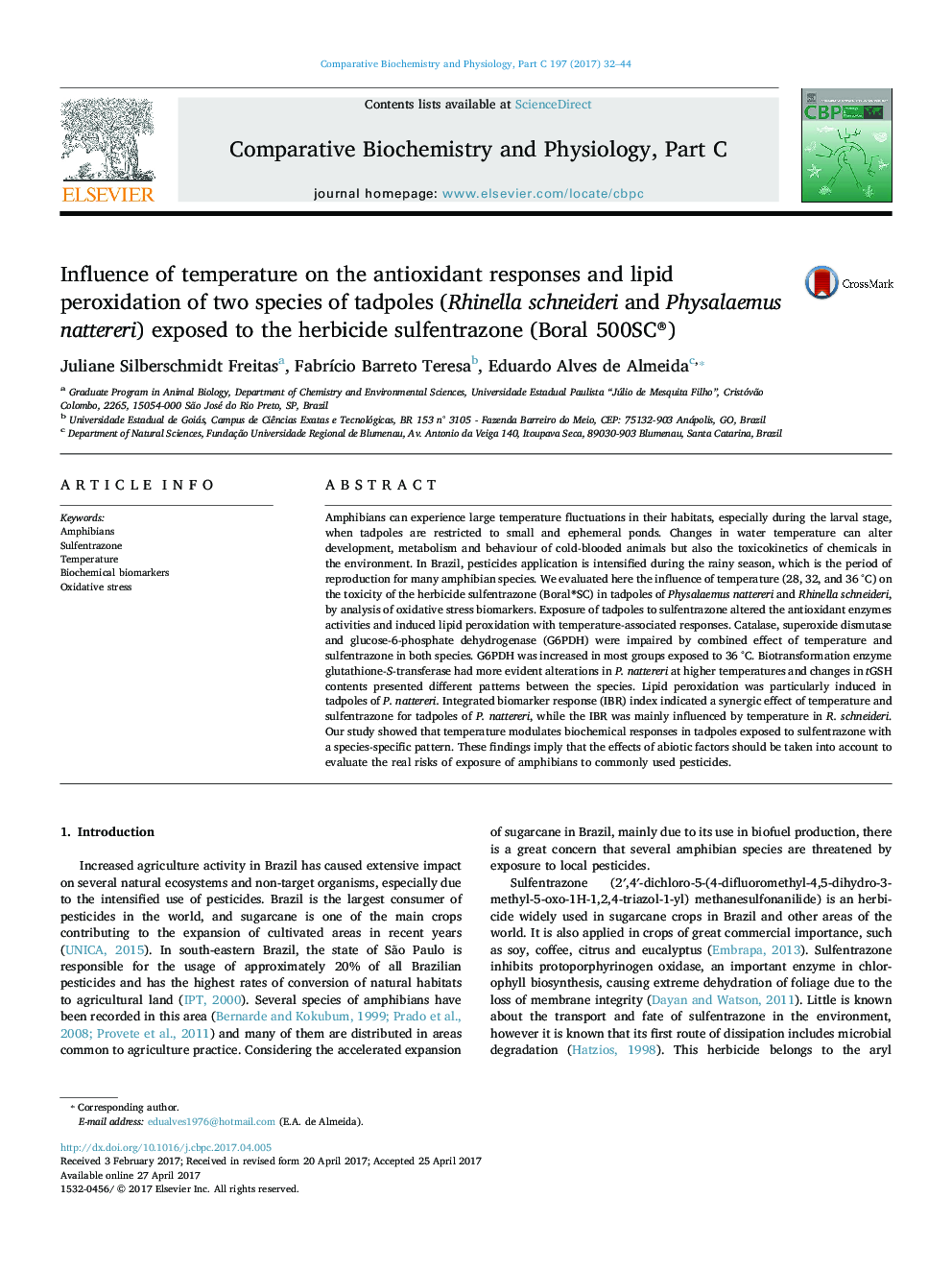 Influence of temperature on the antioxidant responses and lipid peroxidation of two species of tadpoles (Rhinella schneideri and Physalaemus nattereri) exposed to the herbicide sulfentrazone (Boral 500SC®)