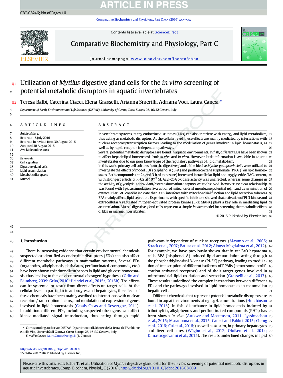 Utilization of Mytilus digestive gland cells for the in vitro screening of potential metabolic disruptors in aquatic invertebrates