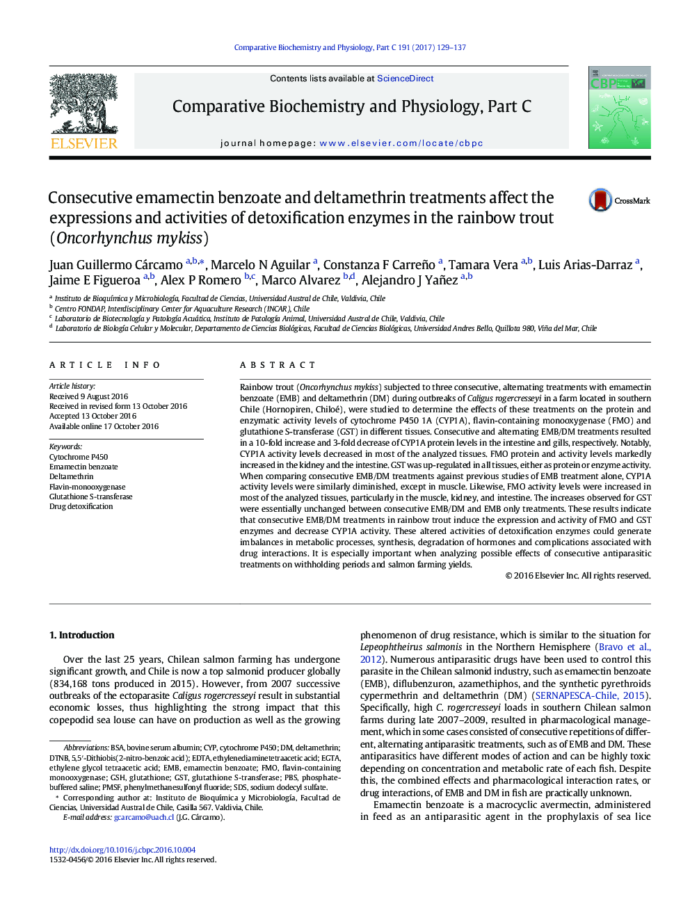 Consecutive emamectin benzoate and deltamethrin treatments affect the expressions and activities of detoxification enzymes in the rainbow trout (Oncorhynchus mykiss)