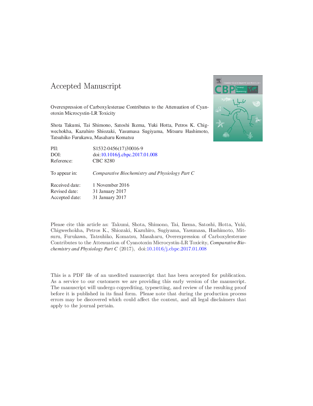 Overexpression of carboxylesterase contributes to the attenuation of cyanotoxin microcystin-LR toxicity