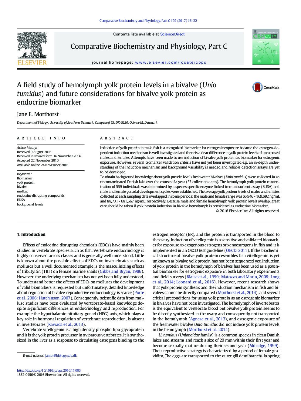 A field study of hemolymph yolk protein levels in a bivalve (Unio tumidus) and future considerations for bivalve yolk protein as endocrine biomarker