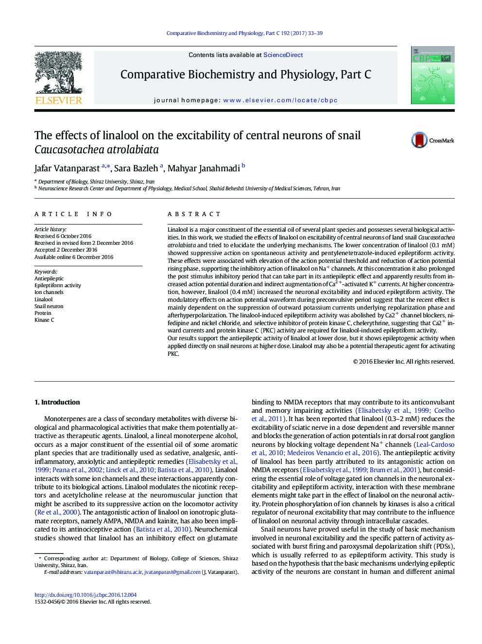 The effects of linalool on the excitability of central neurons of snail Caucasotachea atrolabiata