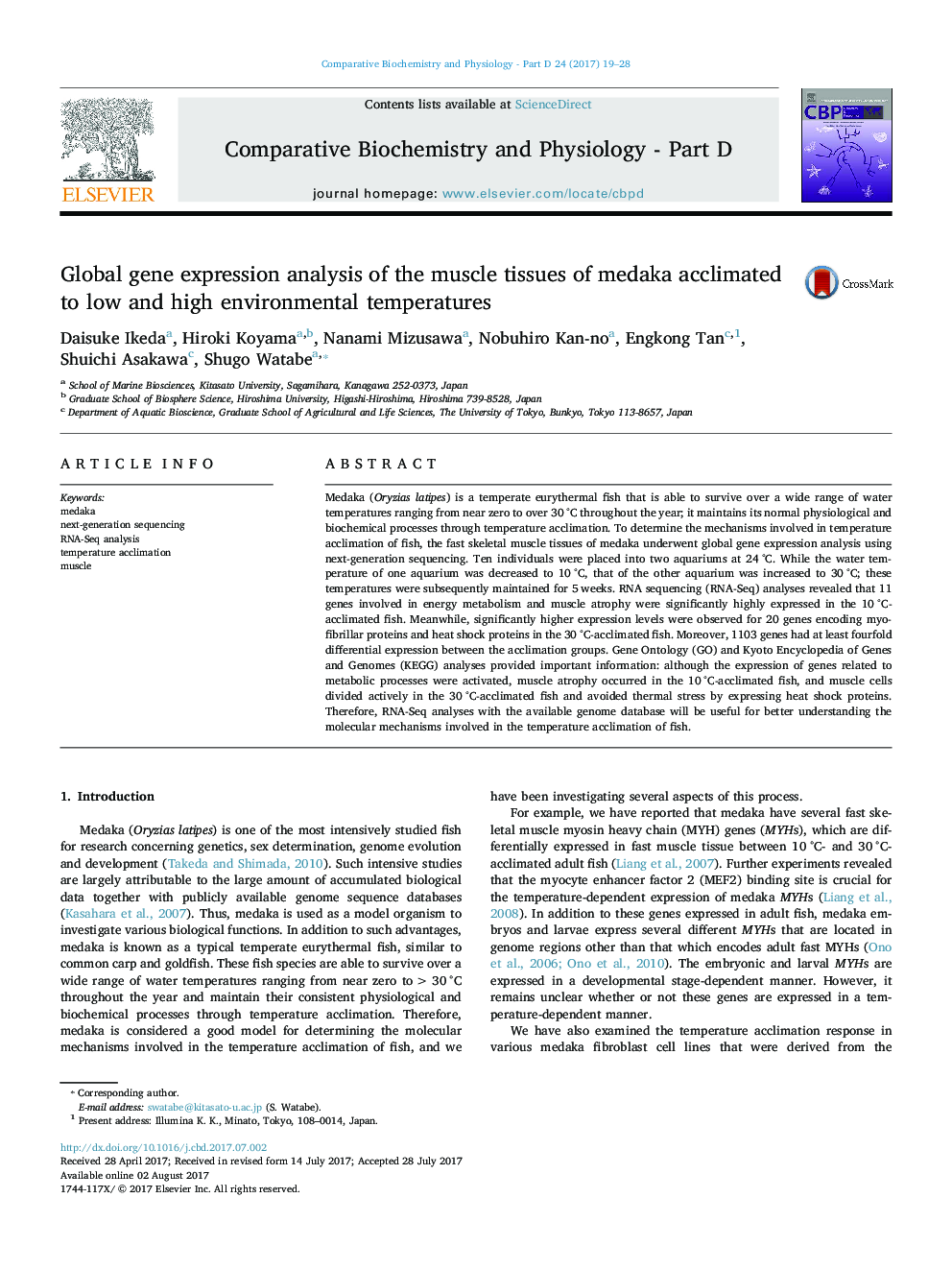 Global gene expression analysis of the muscle tissues of medaka acclimated to low and high environmental temperatures