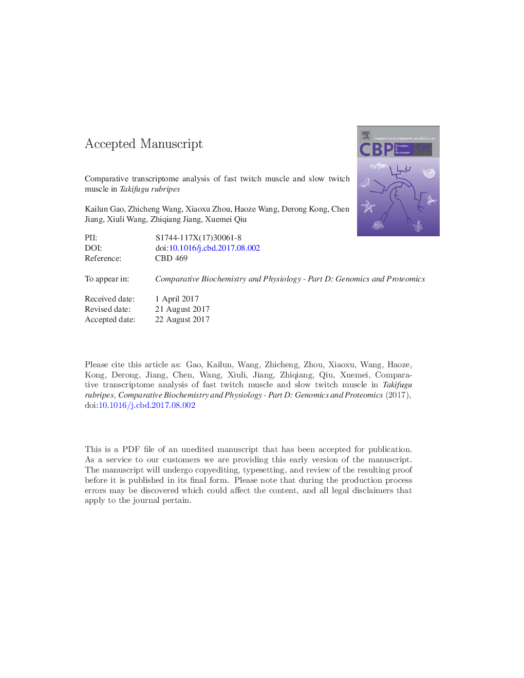 Comparative transcriptome analysis of fast twitch muscle and slow twitch muscle in Takifugu rubripes