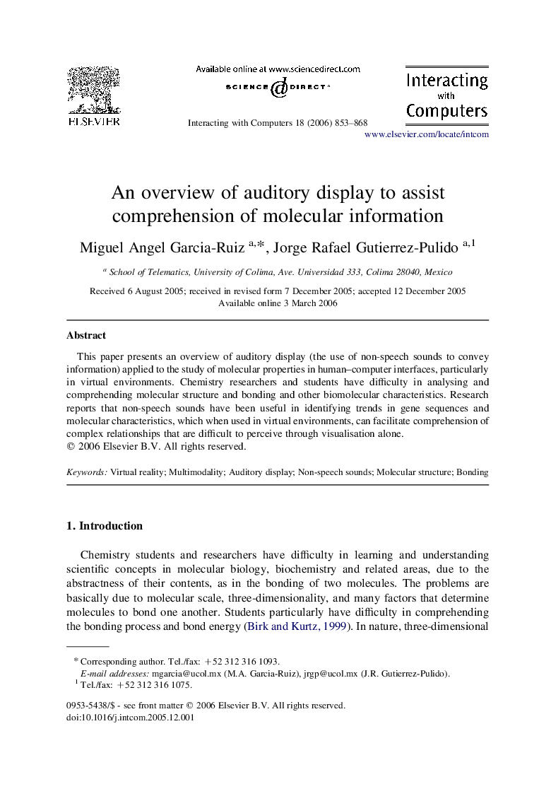 عکس صفحه اول مقاله: An overview of auditory display to assist comprehension of molecular information An overview of auditory display to assist comprehension of molecular information