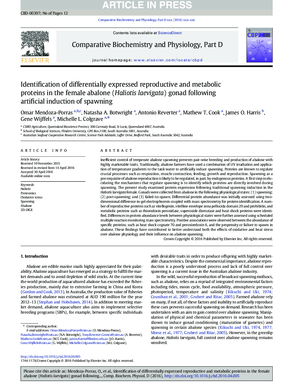 Identification of differentially expressed reproductive and metabolic proteins in the female abalone (Haliotis laevigata) gonad following artificial induction of spawning