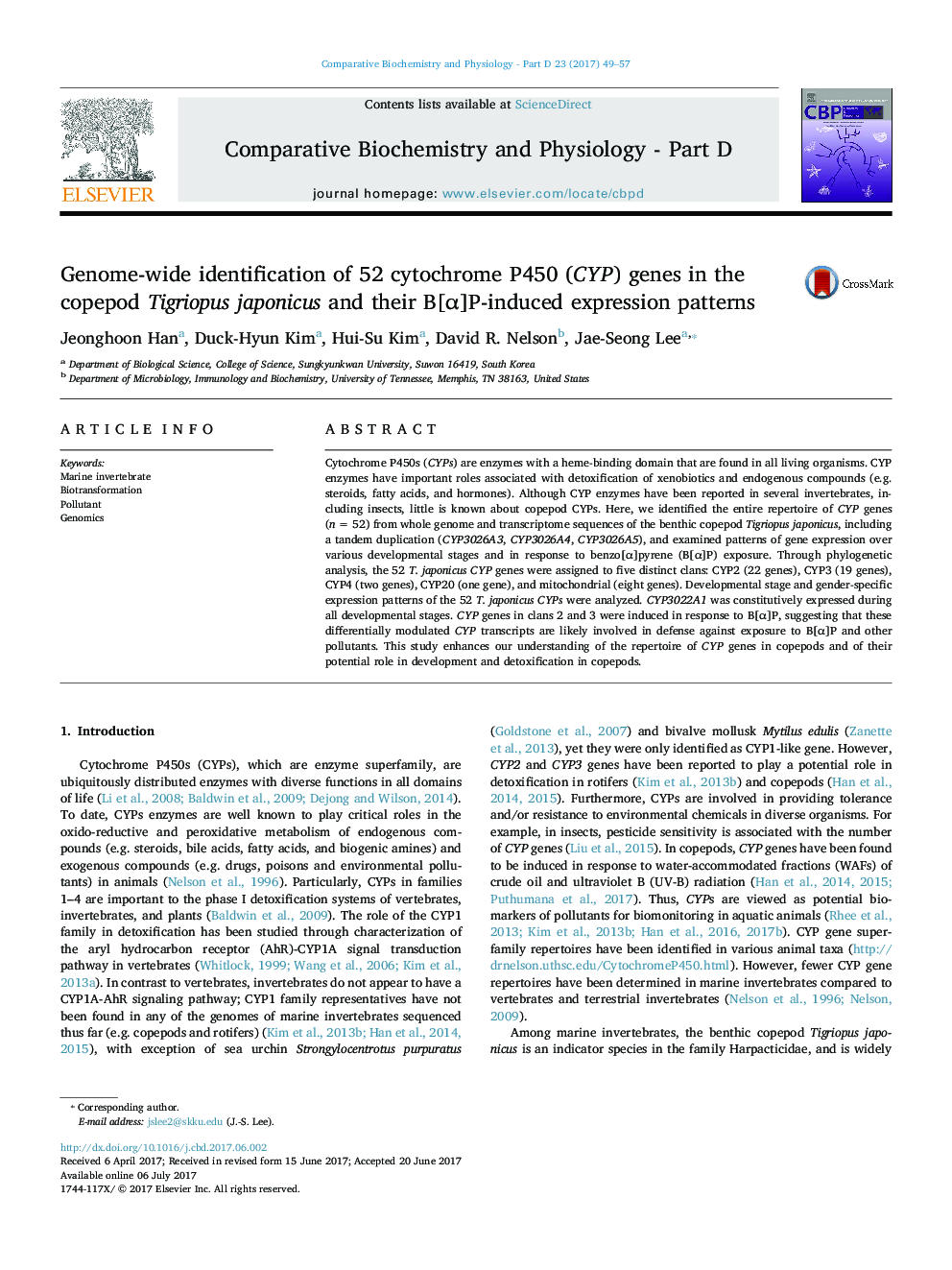 Genome-wide identification of 52 cytochrome P450 (CYP) genes in the copepod Tigriopus japonicus and their B[Î±]P-induced expression patterns