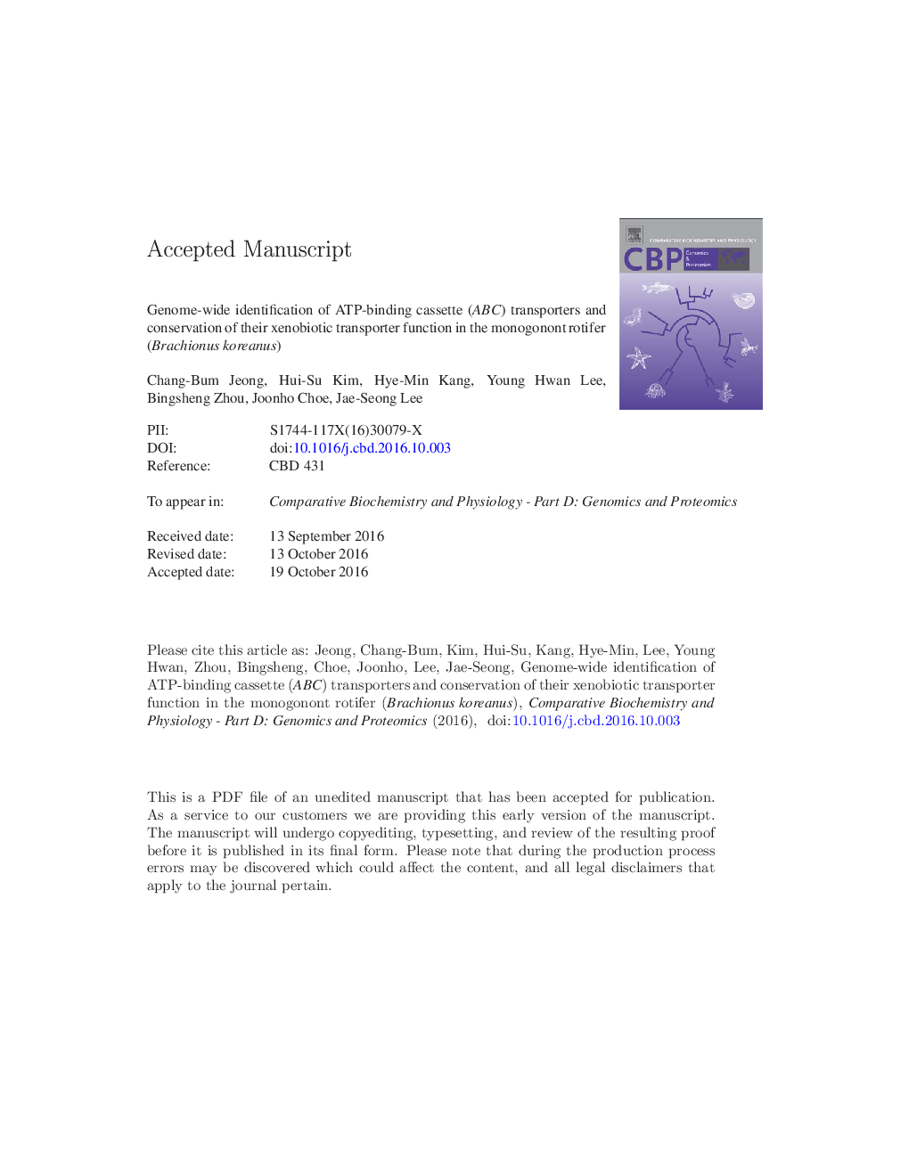 Genome-wide identification of ATP-binding cassette (ABC) transporters and conservation of their xenobiotic transporter function in the monogonont rotifer (Brachionus koreanus)