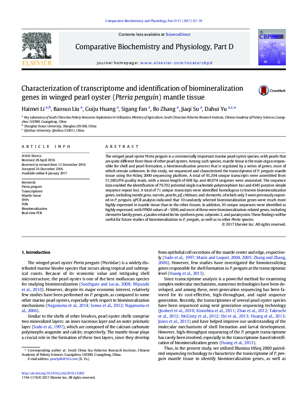 Characterization of transcriptome and identification of biomineralization genes in winged pearl oyster (Pteria penguin) mantle tissue