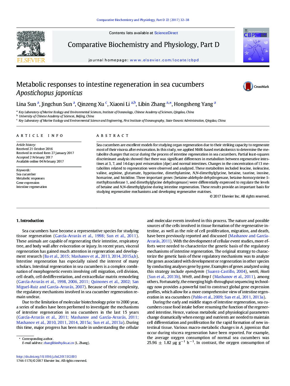 Metabolic responses to intestine regeneration in sea cucumbers Apostichopus japonicus