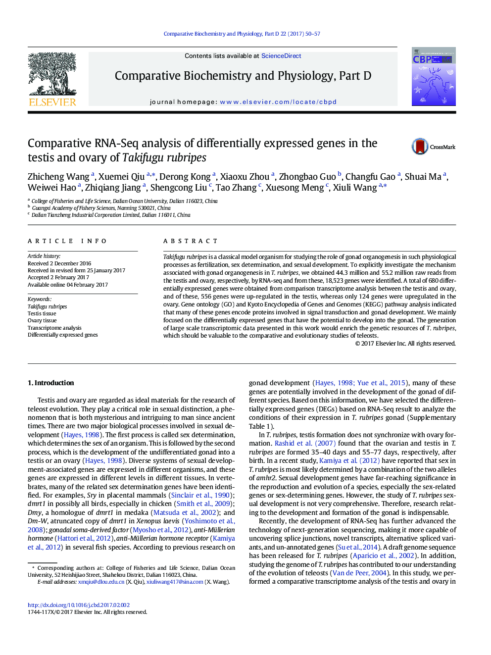 Comparative RNA-Seq analysis of differentially expressed genes in the testis and ovary of Takifugu rubripes