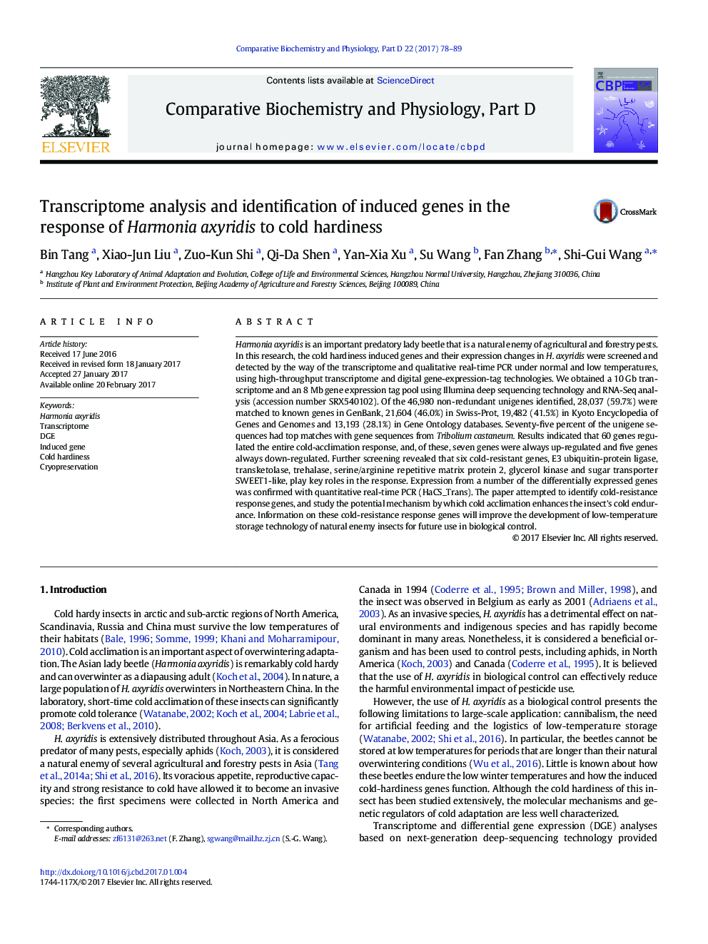 Transcriptome analysis and identification of induced genes in the response of Harmonia axyridis to cold hardiness