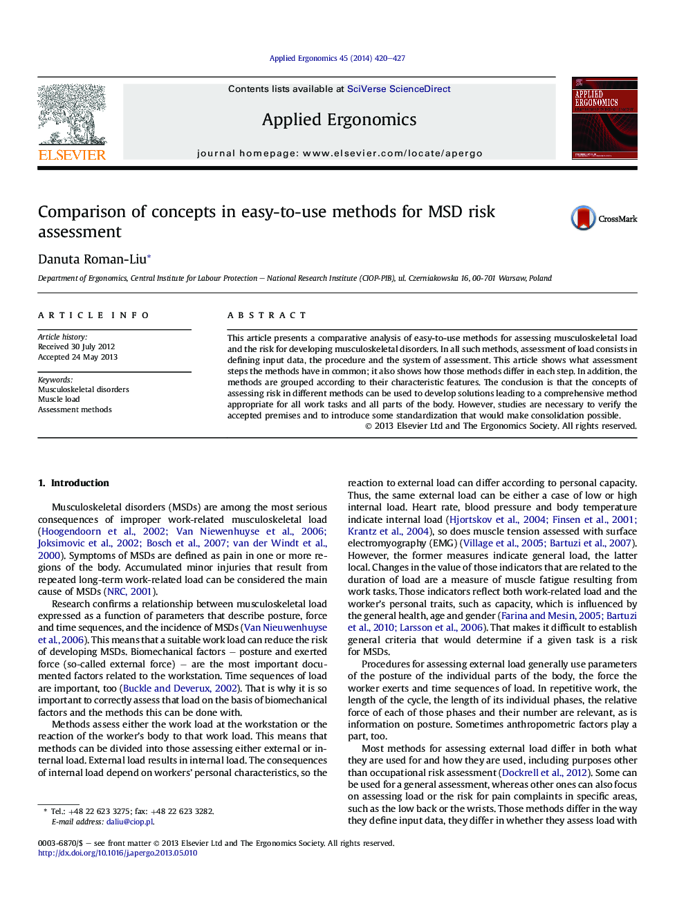 Comparison of concepts in easy-to-use methods for MSD risk assessment