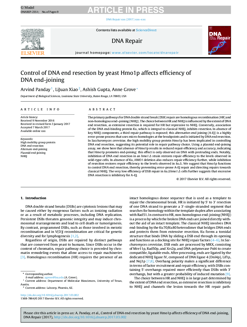 Control of DNA end resection by yeast Hmo1p affects efficiency of DNA end-joining