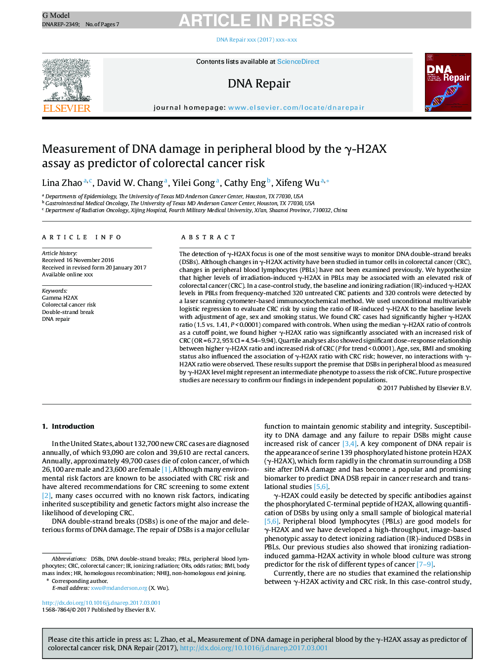 Measurement of DNA damage in peripheral blood by the Î³-H2AX assay as predictor of colorectal cancer risk