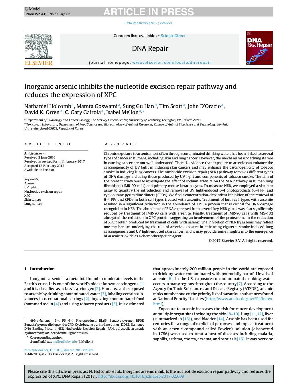 Inorganic arsenic inhibits the nucleotide excision repair pathway and reduces the expression of XPC