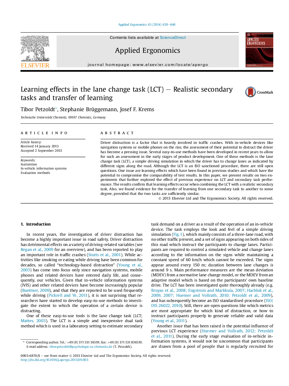 Learning effects in the lane change task (LCT) – Realistic secondary tasks and transfer of learning