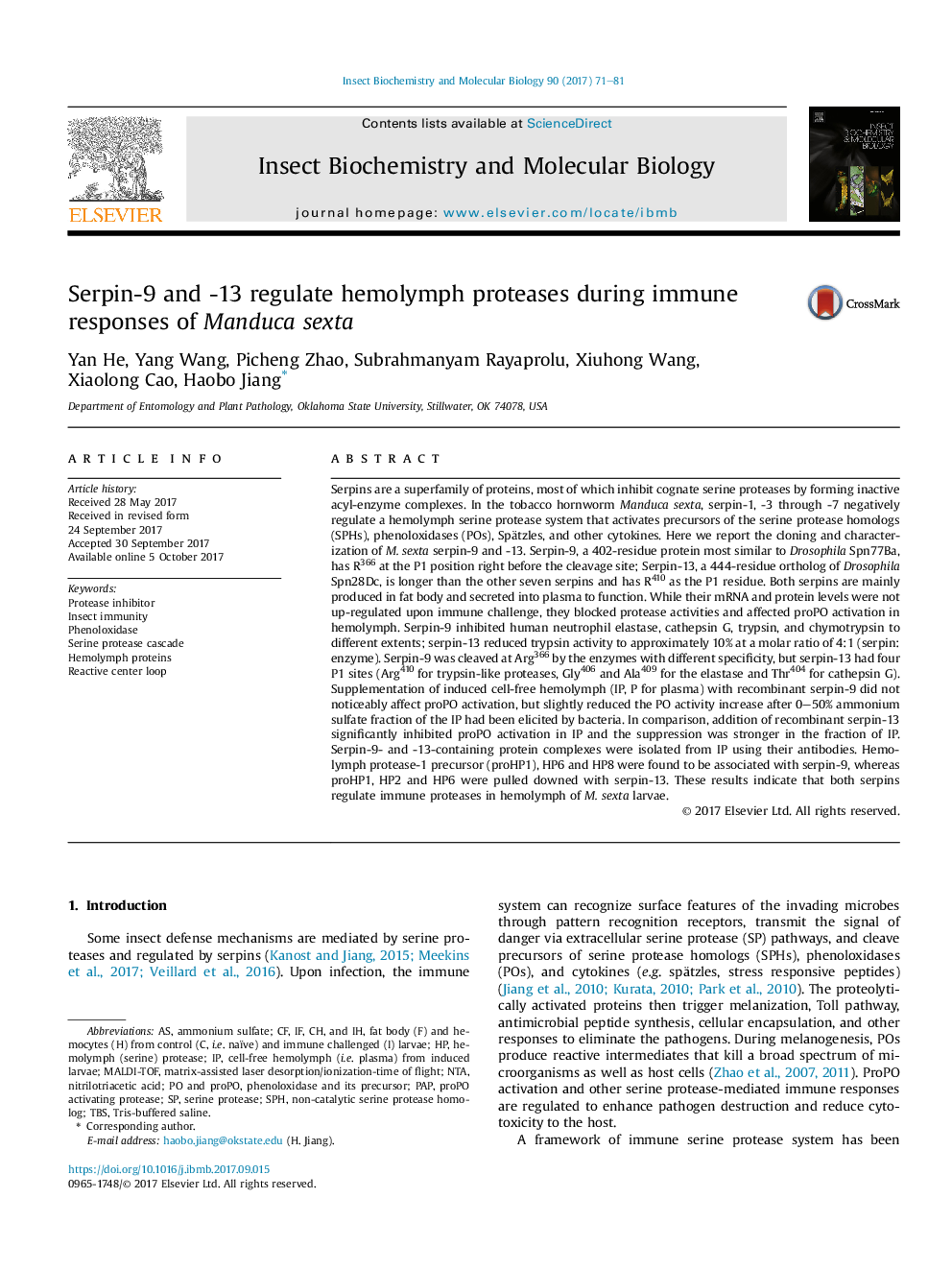 Serpin-9 and -13 regulate hemolymph proteases during immune responses of Manduca sexta