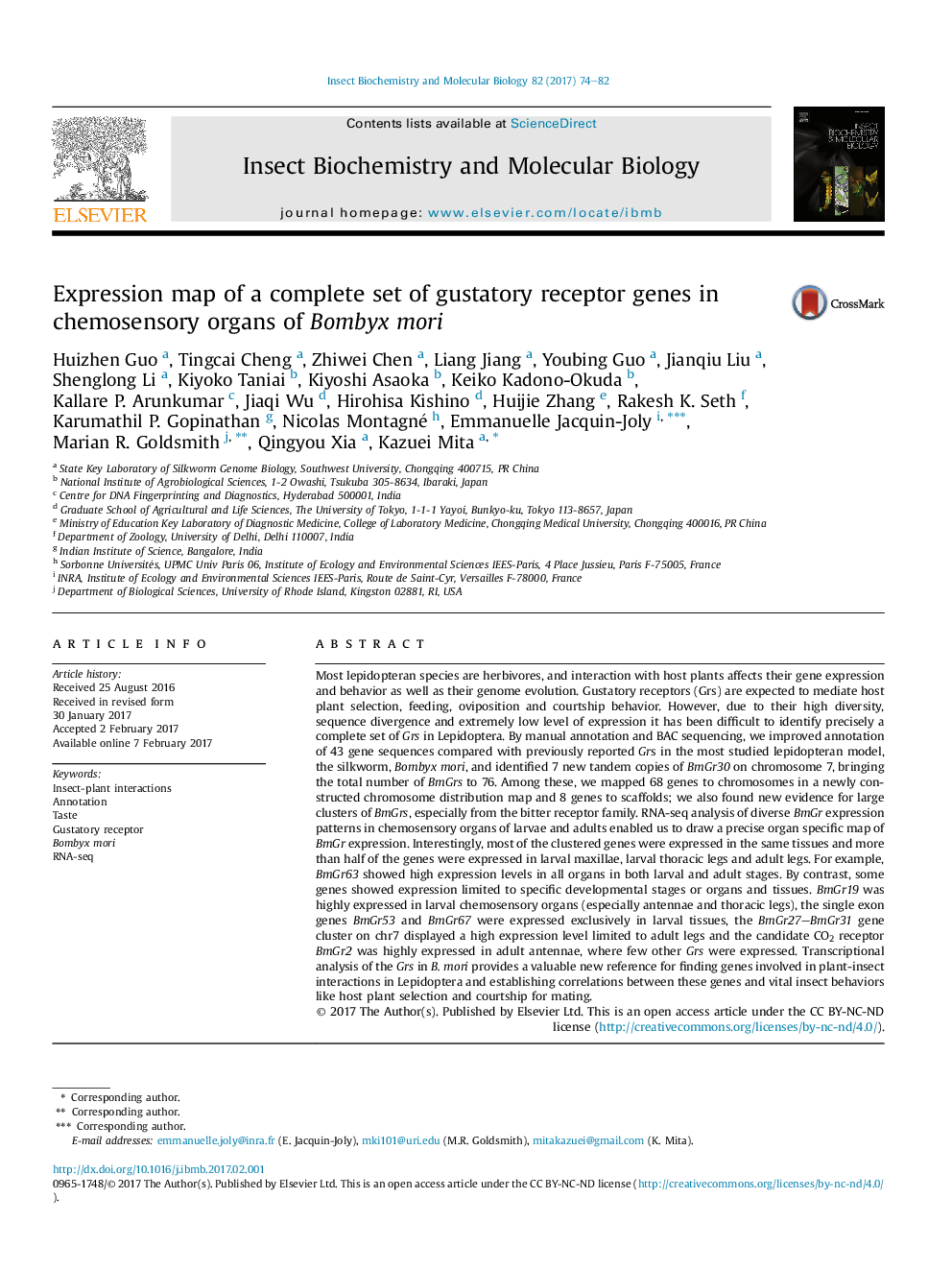 Expression map of a complete set of gustatory receptor genes in chemosensory organs of Bombyx mori