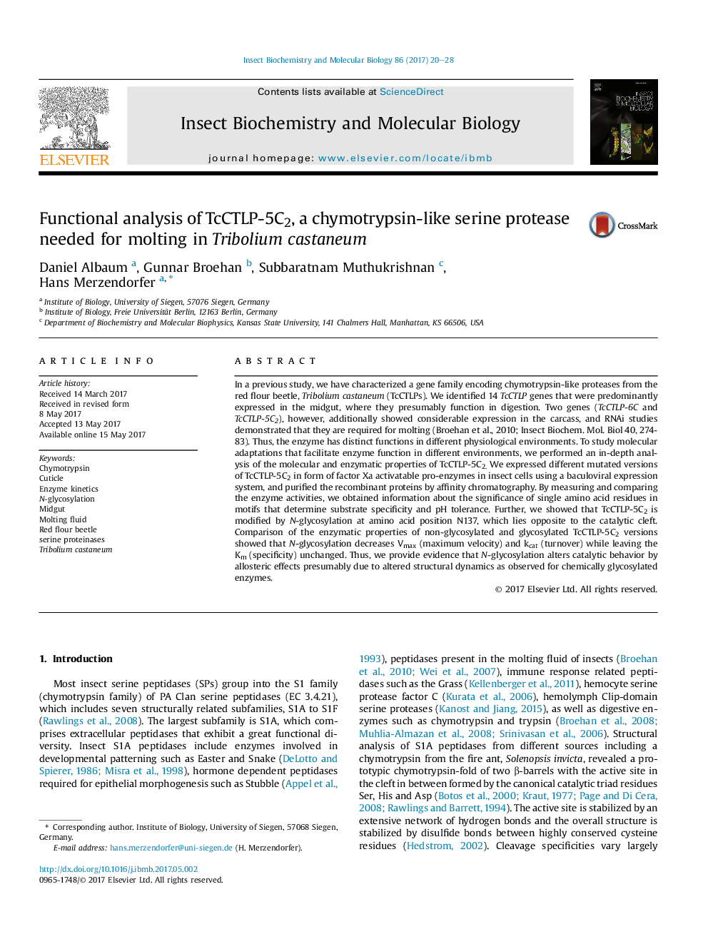 Functional analysis of TcCTLP-5C2, a chymotrypsin-like serine protease needed for molting in Tribolium castaneum