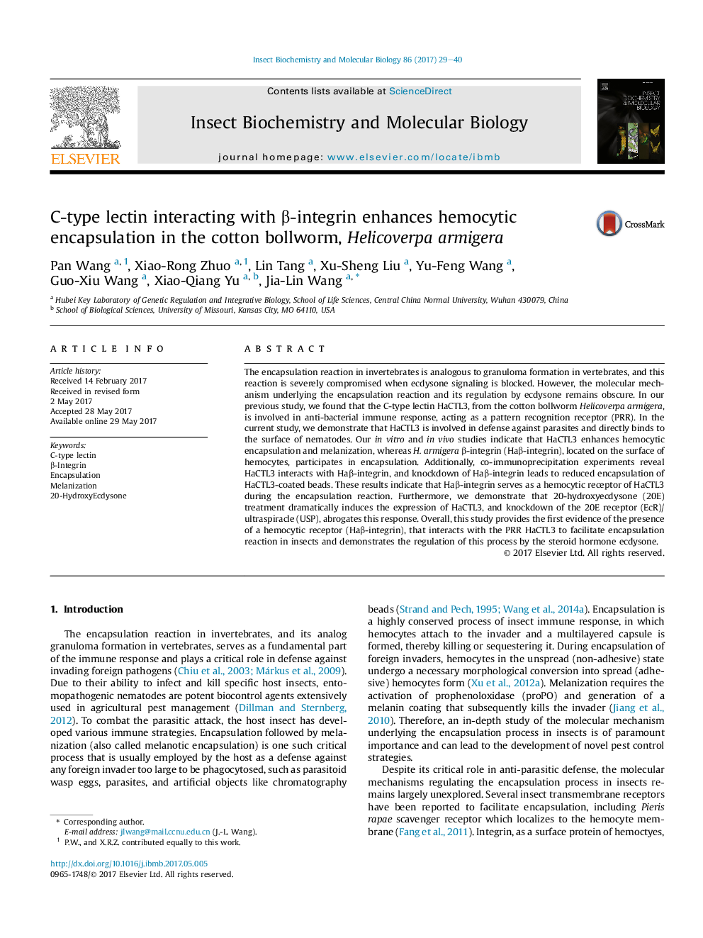 C-type lectin interacting with Î²-integrin enhances hemocytic encapsulation in the cotton bollworm, Helicoverpa armigera