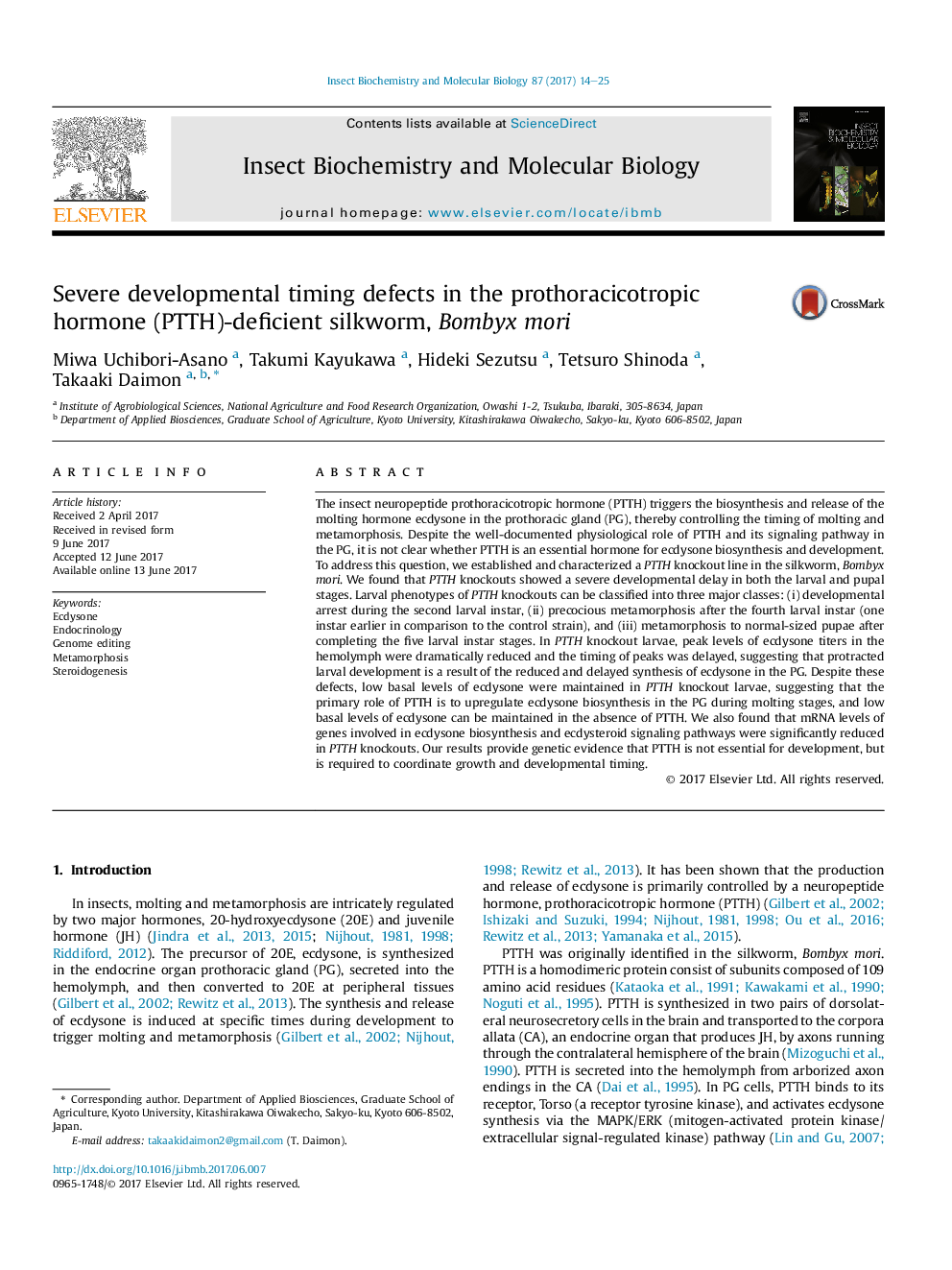 Severe developmental timing defects in the prothoracicotropic hormone (PTTH)-deficient silkworm, Bombyx mori