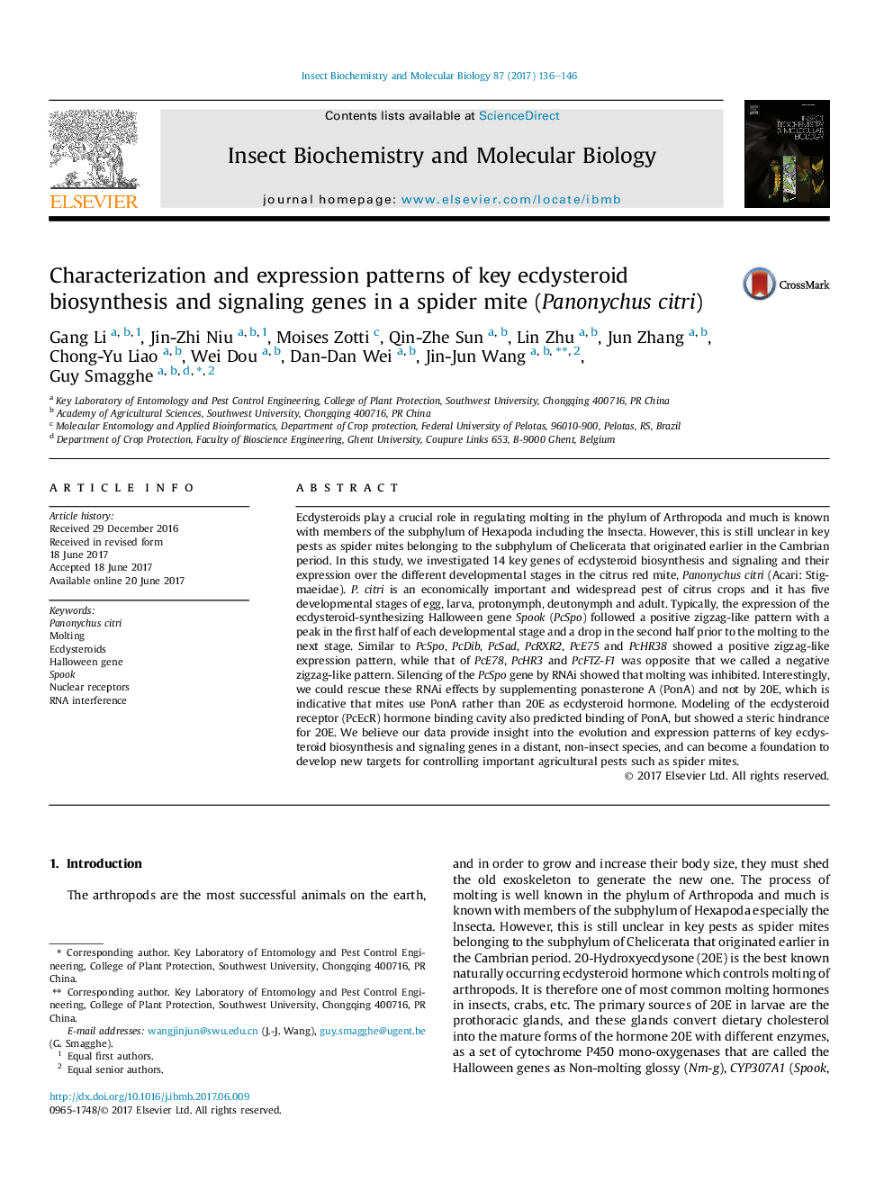 Characterization and expression patterns of key ecdysteroid biosynthesis and signaling genes in a spider mite (Panonychus citri)