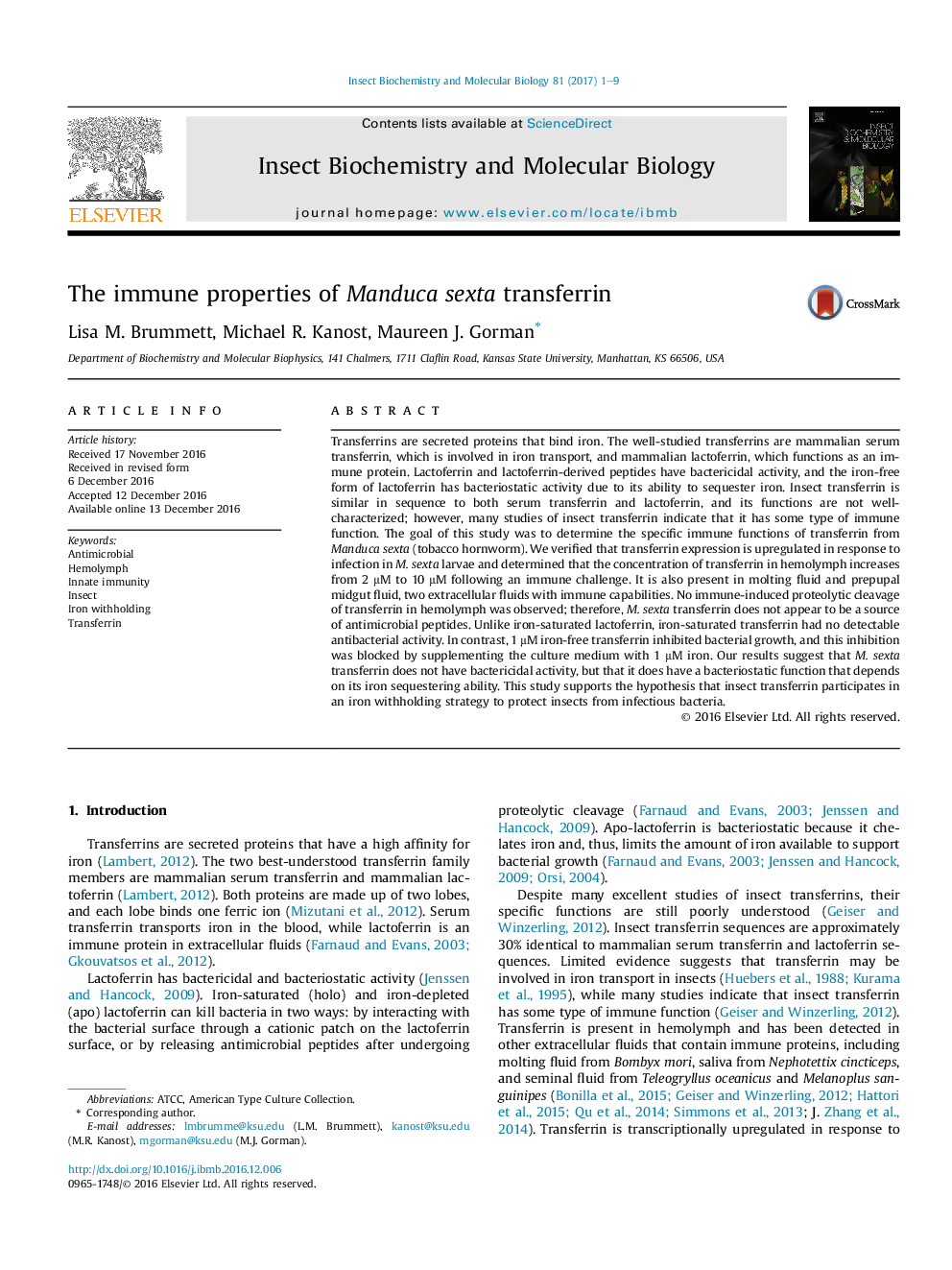 The immune properties of Manduca sexta transferrin