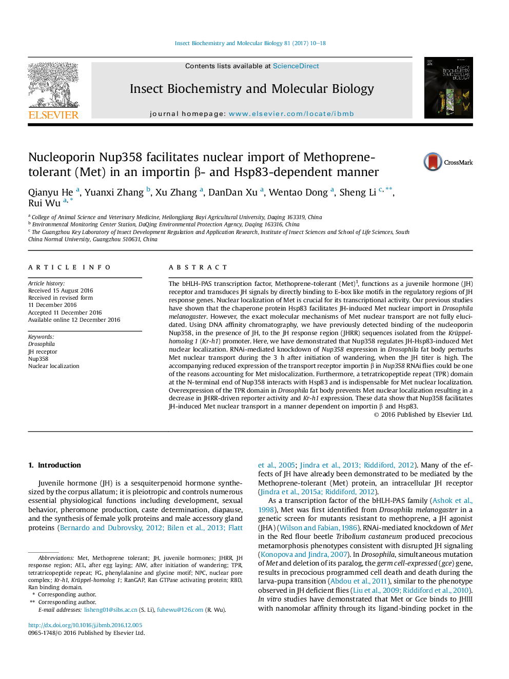 Nucleoporin Nup358 facilitates nuclear import of Methoprene-tolerant (Met) in an importin Î²- and Hsp83-dependent manner