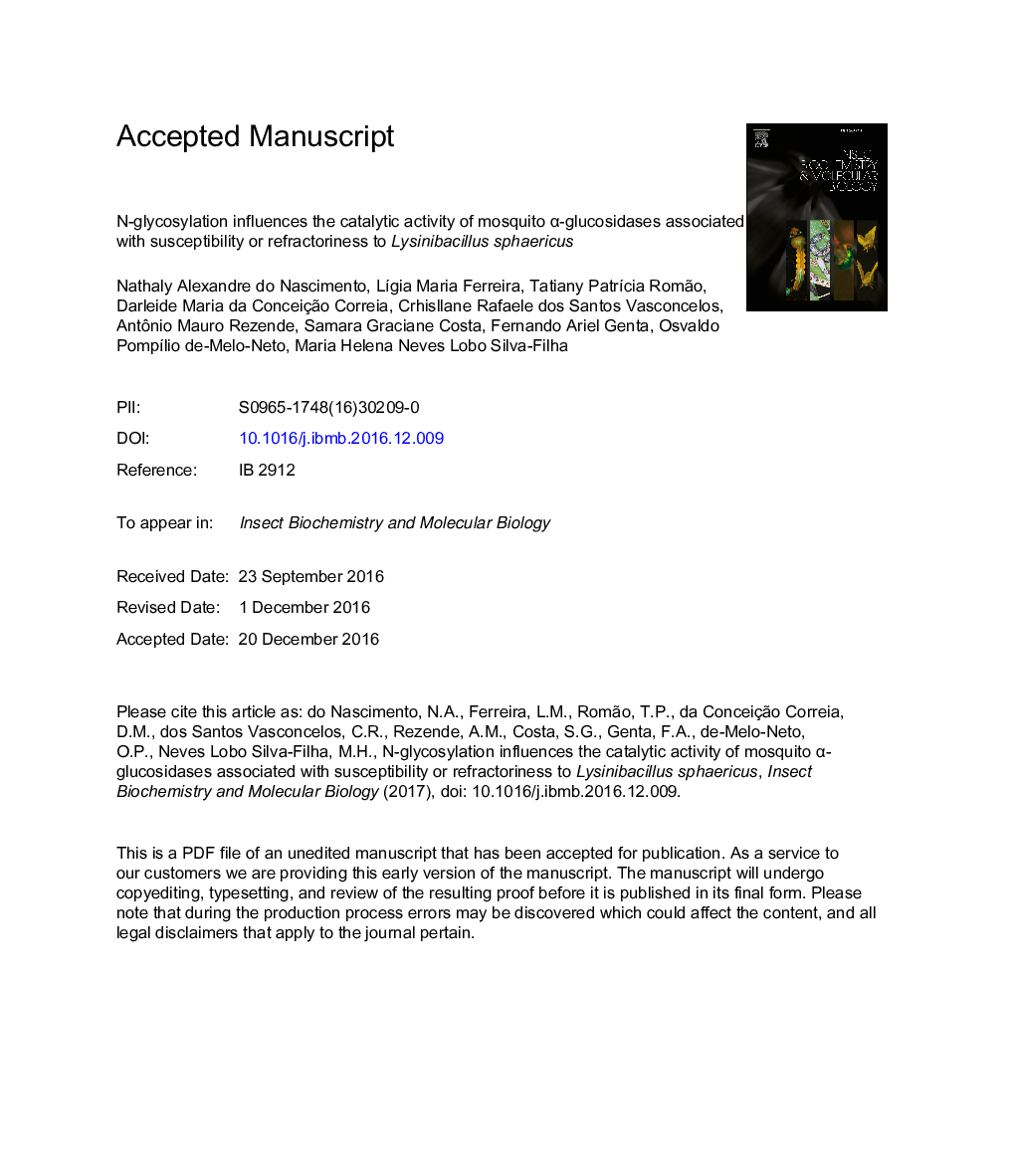 N-glycosylation influences the catalytic activity of mosquito Î±-glucosidases associated with susceptibility or refractoriness toÂ Lysinibacillus sphaericus